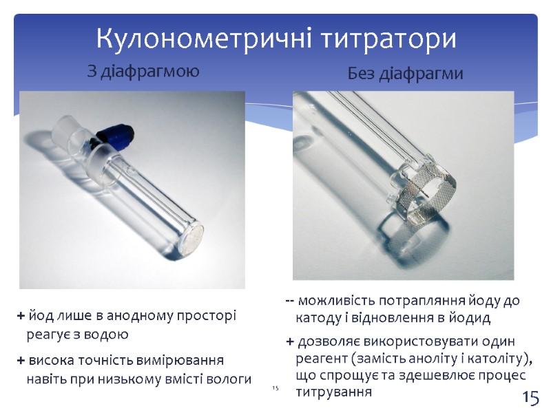 Кулонометричні титратори З діафрагмою + йод лише в анодному просторі реагує з водою +
